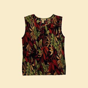 1990s S pleated tank top w/ floral pattern by Plissé, vintage burgundy/green top